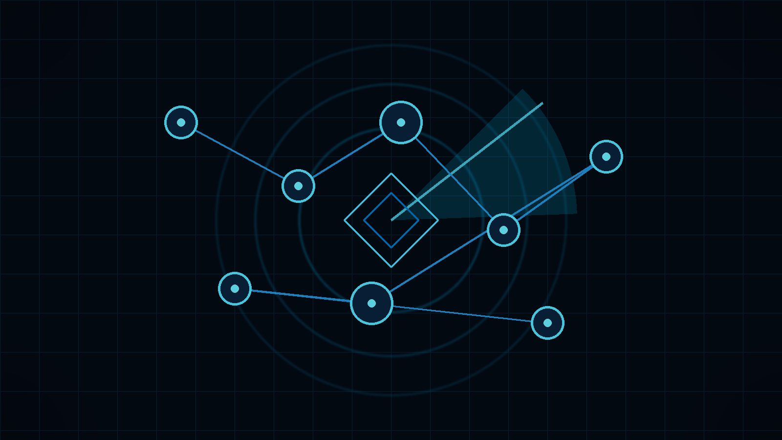 Abstrakte dunkle Agentenkompass-Grafik mit Radar, Kompass und Workflow-Knoten in blauem Cyan-Glow