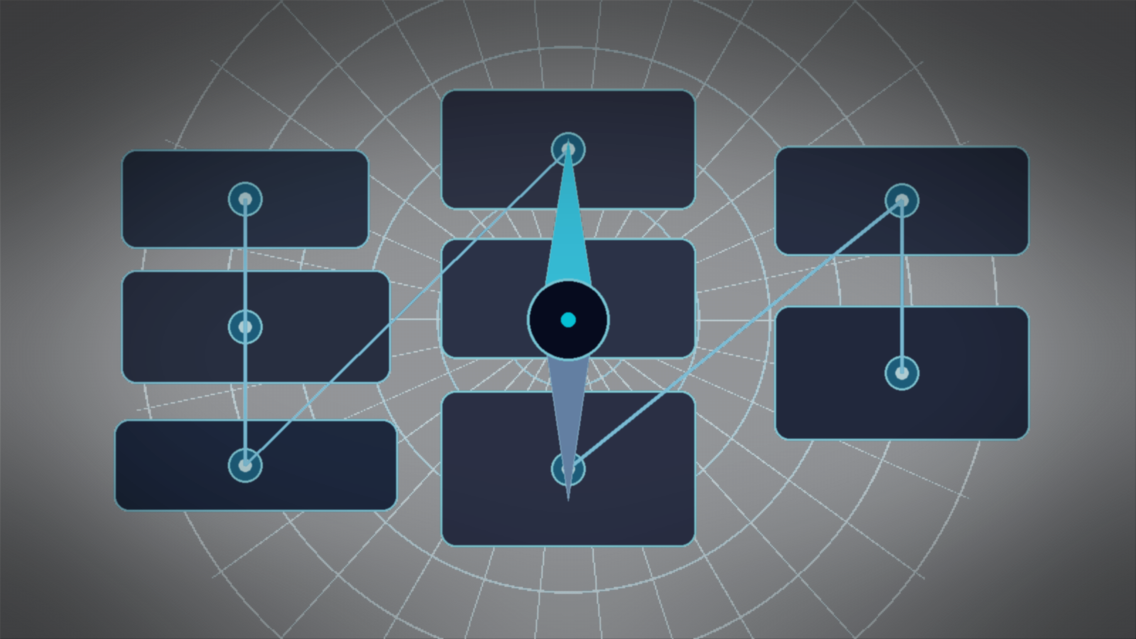 Dunkle Agentenkompass-Grafik mit Radar, Kompass und vernetzten Workflow-Knoten