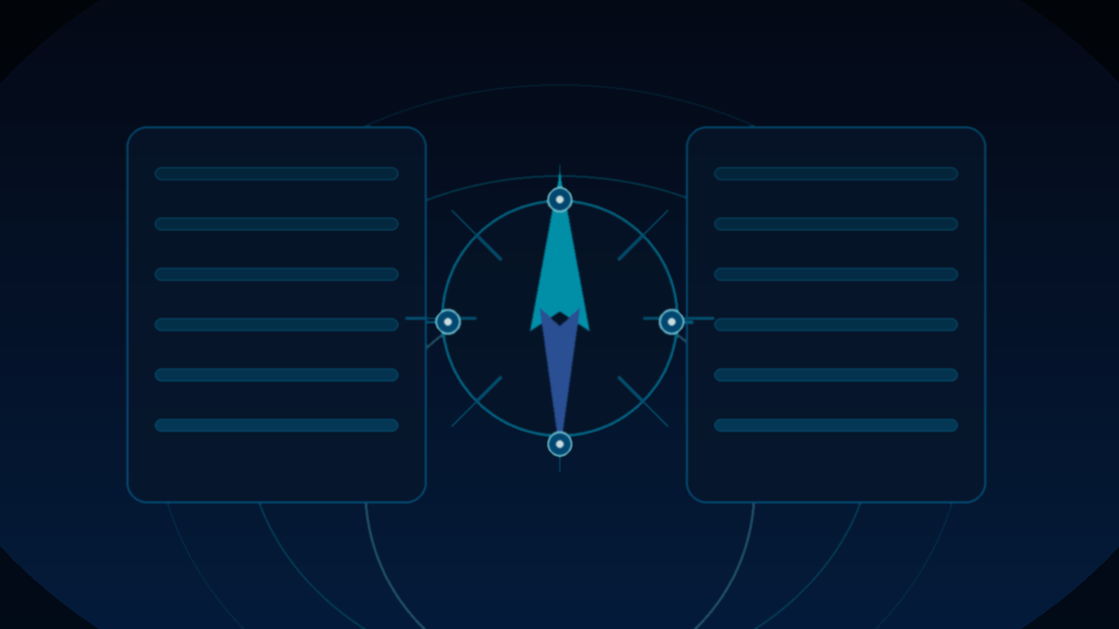 Dunkle Agentenkompass-Grafik mit Radar, Kompass und abstrakten Panels für Analyse zu Risikorahmen und Guardrails bei KI-Agenten